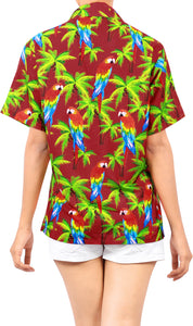 La Leela Women's Parrot Covert Hawaiian Aloha Tropical Beach  Short Sleeve Relaxed Fit Blouse Printed Shirt Red