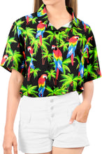 Load image into Gallery viewer, la-leela-womens-parrot-covert-hawaiian-aloha-tropical-beach--short-sleeve-relaxed-fit-blouse-printed-shirt-black