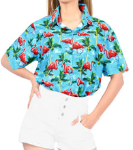 Load image into Gallery viewer, la-leela-womens-pink-flamingo-aloha-relaxed-fit-beach-hawaiian-tropical-beach--short-sleeve-blouse-printed-shirt-caicos-turquoise-blue