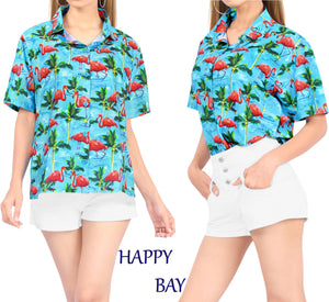 La Leela Women's Pink Flamingo Aloha Relaxed fit Beach Hawaiian Tropical Beach  Short Sleeve Blouse Printed Shirt Caicos Turquoise Blue