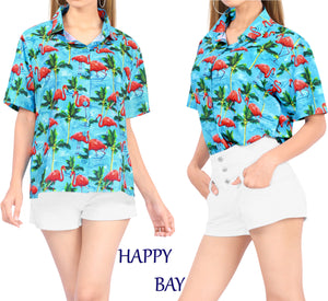 Blue Allover Palm Tree and Flamingo Printed Pardise Shirt For Women