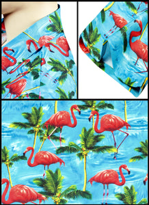 La Leela Women's Pink Flamingo Aloha Relaxed fit Beach Hawaiian Tropical Beach  Short Sleeve Blouse Printed Shirt Caicos Turquoise Blue
