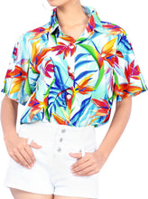 Load image into Gallery viewer, la-leela-womens-exotic-tropical-flower-azure-aloha-relaxed-fit-beach-hawaiian-short-sleeve-blouse-printed-shirt-white-blue-orange