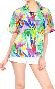 La Leela Women's Rainbow Garden Hawaiian Aloha Tropical Beach  Short Sleeve Relaxed Fit Blouse Printed Shirt Multi-Color