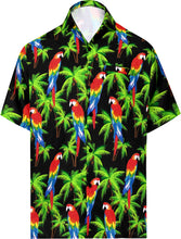 Load image into Gallery viewer, la-leela-parrots-lagoon-mens-hawaiian-printed-casual-tropical-beach-front-pocket-shirts-short-sleeve-shirts-black_aa373