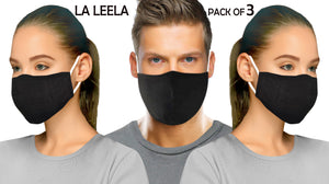 Pack of 3 AMERICAN SMALL BUSINESS LA LEELA Plain Unique Mouth Mask Face Cover Washable Reusable Adjustable Face Mask Black_V751