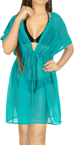 LA LEELA Women's Chiffon Beach Swim Wear Kimono Bikini Coverups M-L Blue_AA316