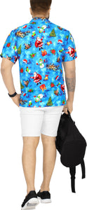 LA LEELA Mens Funky Hawaiian Christmas Santa Claus Casual Shirts Blue_AA333