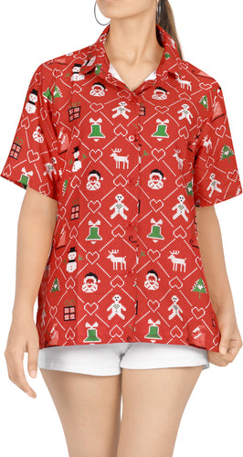 LA LEELA Women's Tropical Santa Claus Party Ugly Hawaiian Christmas Day Shirts RED