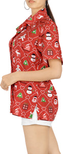 LA LEELA Women's Tropical Santa Claus Party Ugly Hawaiian Christmas Day Shirts RED