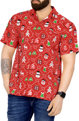 LA LEELA Men's Christmas Funky Hawaiian Casual Short Sleeve Shirt Red_AA340