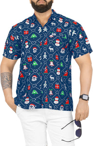 LA LEELA Hawaiian Shirt Mens Christmas Santa Claus Party Aloha Holiday Beach Xmas Blue_AA342