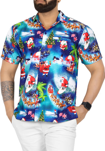 LA LEELA Santa Claus Christmas Men's Relaxed Beach Button Down Short Sleeve Hawaiian Shirt 3D Printed