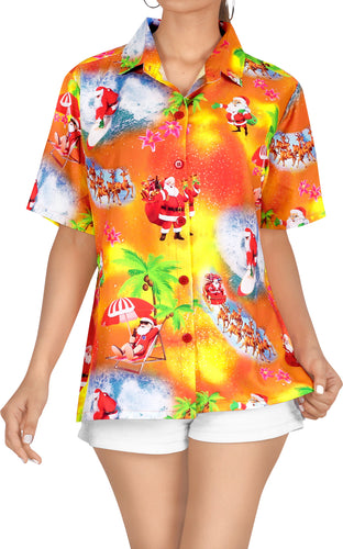 HAPPY BAY Women's Christmas Santa Claus Hawaiian Blouse Shirt Beach Aloha Party Camp Shirt - DRT231Orange