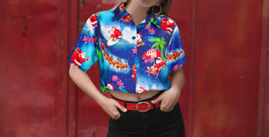 HAPPY BAY Women's Christmas Santa Claus Swim Hawaiian Regular Fit Short Sleeve Tunic Shirt - DRT231Blue