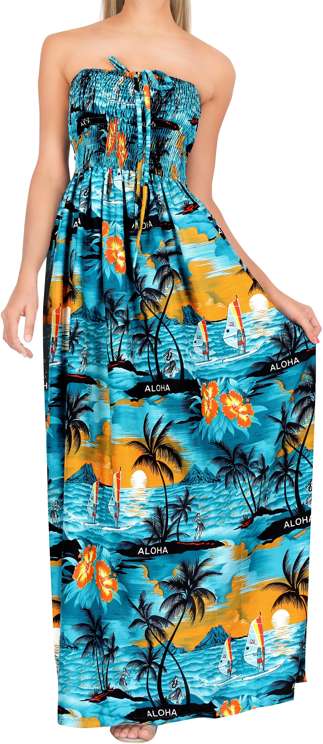 LA LEELA Long Maxi Hawaiian Palm Tree Beachy Print Tube Dress For Women Casual And Chic Beach Sundress Ladies