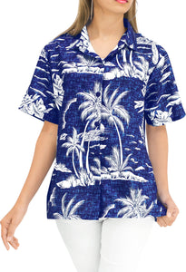 LA LEELA Women's Beachy Tropical Hawaiian Blouse Shirt Breezy Summer Wear Short Sleeve Collar Shirt Royal Blue