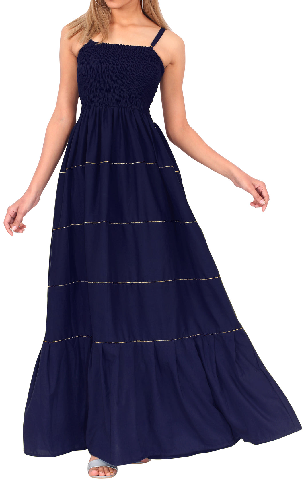 LA LEELA Long Maxi Solid Color Strappy Tube Dress For Women Everyday Casual And Chic Housewear Outfit With Elegant Golden Lining