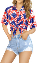 Load image into Gallery viewer, LA LEELA Women&#39;s Patriotic US Flag Beach Shirt Short Sleeve Collar Shirt Hawaiian Blouse Barn Red