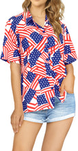 Load image into Gallery viewer, LA LEELA Women&#39;s Patriotic US Flag Beach Shirt Short Sleeve Collar Shirt Hawaiian Blouse Barn Red