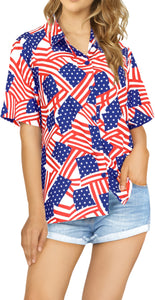 LA LEELA Women's Patriotic US Flag Beach Shirt Short Sleeve Collar Shirt Hawaiian Blouse Barn Red