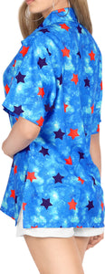 LA LEELA Women's Tie-Die Feel Beach Swim Short Sleeve Collar Shirt Star Print Hawaiian Blouse Shirt Blue