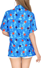 Load image into Gallery viewer, LA LEELA Women&#39;s Tie-Die Feel Beach Swim Short Sleeve Collar Shirt Star Print Hawaiian Blouse Shirt Blue