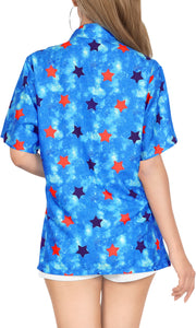 LA LEELA Women's Tie-Die Feel Beach Swim Short Sleeve Collar Shirt Star Print Hawaiian Blouse Shirt Blue