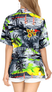 LA LEELA Women's Breezy Tropical Hawaiian Blouse Swim Beachwear Short Sleeve Collar Shirt Palm Leaf Grey
