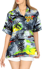 Load image into Gallery viewer, LA LEELA Women&#39;s Breezy Tropical Hawaiian Blouse Swim Beachwear Short Sleeve Collar Shirt Palm Leaf Grey