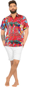 LA LEELA Hawaiian Shirt for Men's Parrot and Tropical Palm Leaves Print Button-Down Shirt (Red)