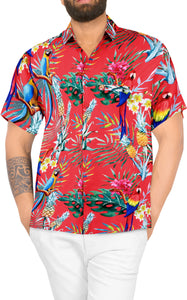 LA LEELA Hawaiian Shirt for Men's Parrot and Tropical Palm Leaves Print Button-Down Shirt (Red)