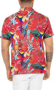 LA LEELA Hawaiian Shirt for Men's Parrot and Tropical Palm Leaves Print Button-Down Shirt (Red)