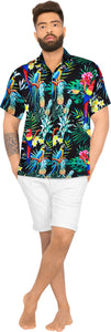 LA LEELA Hawaiian Shirt for Men's Parrot and Tropical Palm Leaves Print Button-Down Shirt(Black)