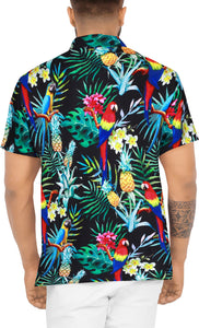 LA LEELA Hawaiian Shirt for Men's Parrot and Tropical Palm Leaves Print Button-Down Shirt(Black)