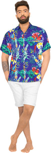 LA LEELA Hawaiian Shirt for Men's Parrot and Tropical Palm Leaves Print Button-Down Shirt (Blue)