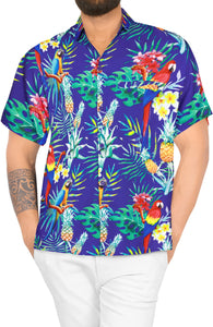 LA LEELA Hawaiian Shirt for Men's Parrot and Tropical Palm Leaves Print Button-Down Shirt (Blue)