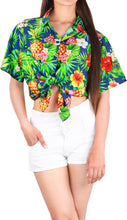 Load image into Gallery viewer, LA LEELA Women&#39;s Beachy Floral Print Hawaiian Blouse Shirt Breezy Summer Wear Short Sleeve Collar Shirt Pineapple Floral Blue