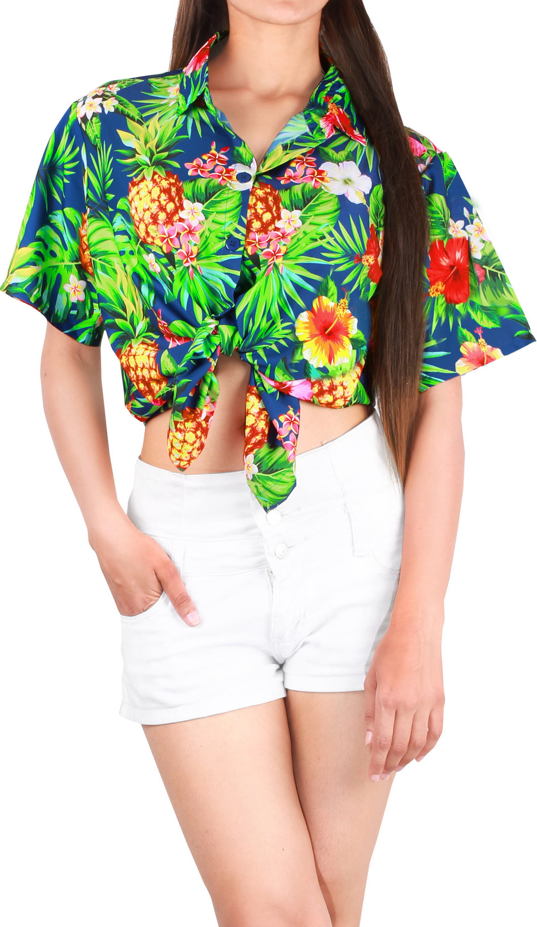 LA LEELA Women's Beachy Floral Print Hawaiian Blouse Shirt Breezy Summer Wear Short Sleeve Collar Shirt Pineapple Floral Blue
