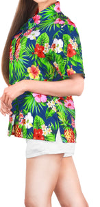LA LEELA Women's Beachy Floral Print Hawaiian Blouse Shirt Breezy Summer Wear Short Sleeve Collar Shirt Pineapple Floral Blue