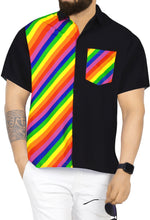Cargar imagen en el visor de la galería, LA LEELA Men's Casual Button Down Short Sleeve Dress Work Shirt Rainbow Strips P00526