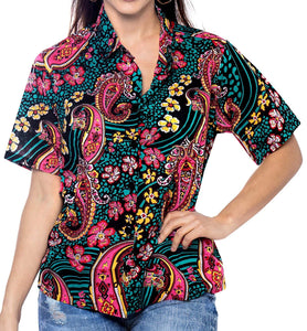 LA LEELA Women Beach Blouse Button Down Relax Camp Casual Shirt Funky Prints