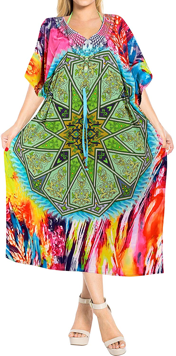 LA LEELA Digital Women's Kaftan Kimono Nightgown Beachwear Cover up Dress